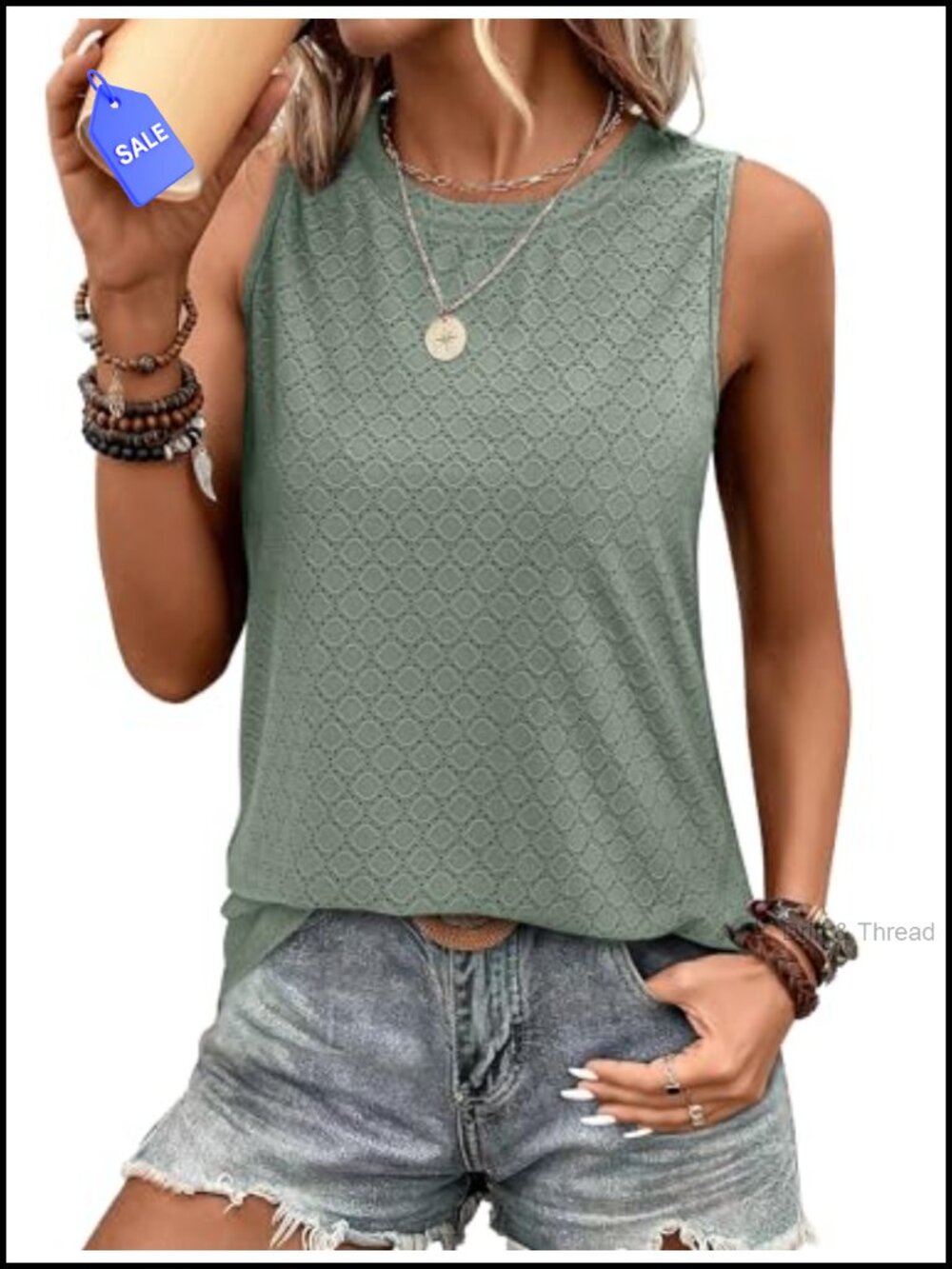 Womens Tank Top Eyelet Loose Casual Summer Sleeveless Crew Neck